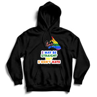 Black pullover hoodie with front multicolor rainbow heart and slogan graphic.