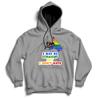 Gray pullover hoodie with front multicolor rainbow heart and slogan graphic.