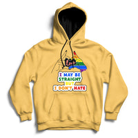 Yellow pullover hoodie with front multicolor rainbow heart and slogan graphic.