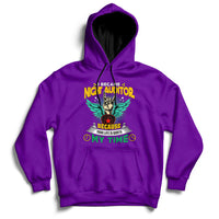 Purple hoodie with front pouch pocket, drawstring hood, and colorful chest graphic