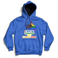 Royal blue pullover hoodie with front multicolor rainbow heart and slogan graphic.