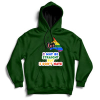 Forest green pullover hoodie with front multicolor rainbow heart and slogan graphic.