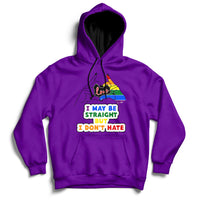Purple pullover hoodie with front multicolor rainbow heart and slogan graphic.