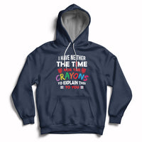 Navy hoodie with colorful quote graphic, front kangaroo pocket, and drawstring hood
