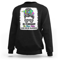 Black crewneck sweatshirt with zebra messy-bun graphic and 'Rare Disease Awareness'