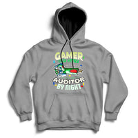 Gray hoodie with front kangaroo pocket and “GAMER / AUDITOR BY NIGHT” graphic.