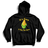 Black corn graphic hoodie with front pocket; 'It's Corn, It Has The Juice' print