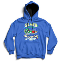 Royal blue hoodie with front kangaroo pocket and “GAMER / AUDITOR BY NIGHT” graphic.