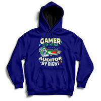 Navy hoodie with front kangaroo pocket and “GAMER / AUDITOR BY NIGHT” graphic.