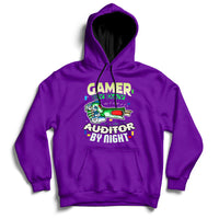 Purple hoodie with front kangaroo pocket and “GAMER / AUDITOR BY NIGHT” graphic.