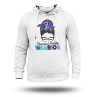 Rheumatoid Arthritis Warrior Messy Bun Blue Purple Ribbon, Awareness Hoodie - Wonder Print Shop