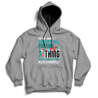 Gray hoodie with front graphic text, pullover hood, and kangaroo pocket