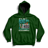 Forest green hoodie with front graphic text, pullover hood, and kangaroo pocket