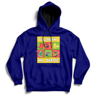 Navy garden hoodie with hood, pouch pocket, and 'I'll Be In My Office' front graphic