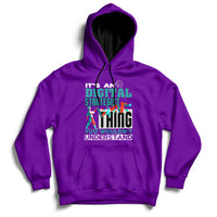 Purple hoodie with front graphic text, pullover hood, and kangaroo pocket