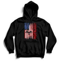 Black pullover hoodie with front American flag-style mothman cryptid graphic