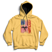 Yellow pullover hoodie with front American flag-style mothman cryptid graphic