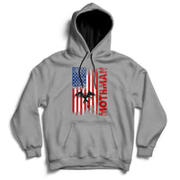 Light gray pullover hoodie with front American flag-style mothman cryptid graphic