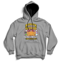 Gray hooded sweatshirt with front graphic and kangaroo pocket, drawstring hood.