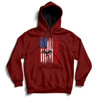 Maroon pullover hoodie with front American flag-style mothman cryptid graphic