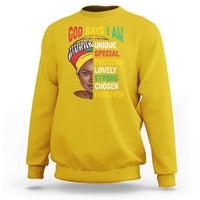 Yellow crewneck sweatshirt with front graphic portrait and text 'GOD SAYS I AM'