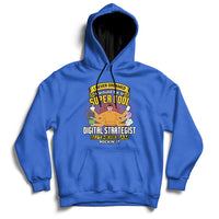 Royal blue hooded sweatshirt with front graphic and kangaroo pocket, drawstring hood.