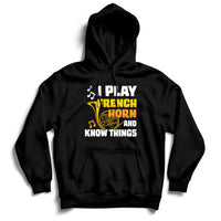 Black pullover hoodie with front pocket and French horn quote graphic.