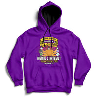 Purple hooded sweatshirt with front graphic and kangaroo pocket, drawstring hood.