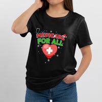 Black T-shirt: 'Medicare for All' text with red heart and white plus graphic