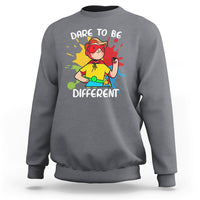 Charcoal boys autism awareness sweatshirt with colorful “Dare to be Different” graphic