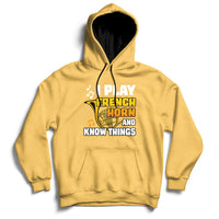 Yellow pullover hoodie with front pocket and French horn quote graphic.