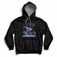 Black hoodie with drawstring, front pocket, and blue/purple dragonfly graphic