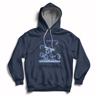 Navy hoodie with drawstring, front pocket, and blue/purple dragonfly graphic