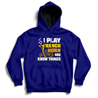 Navy pullover hoodie with front pocket and French horn quote graphic.
