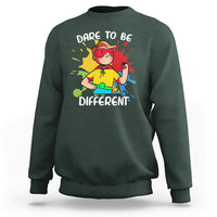 Forest green boys autism awareness sweatshirt with colorful “Dare to be Different” graphic