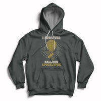 Dark gray hoodie with front graphic of a balloon, rays, and 'Balloon Apocalypse' text.