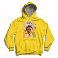 Daisy yellow pullover hoodie with front 'HBCU' graphic and face portrait, drawstring hood