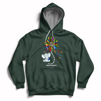 Forest green autism awareness hoodie with elephant 'Be Kind' and puzzle-piece print, front pocket