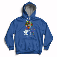 Blue autism awareness hoodie with elephant 'Be Kind' and puzzle-piece print, front pocket