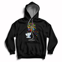 Black autism awareness hoodie with elephant 'Be Kind' and puzzle-piece print, front pocket