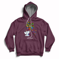 Maroon autism awareness hoodie with elephant 'Be Kind' and puzzle-piece print, front pocket