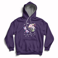 Purple pullover hoodie with hood strings, kangaroo pocket, floral dragonfly quote print