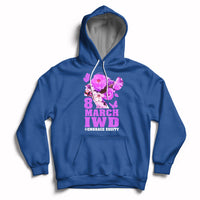 Women's royal blue pullover hoodie with front '8 MARCH IWD' and '#EMBRACE EQUITY' graphic