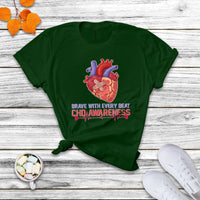 Brave With Every Beat CHD Heart Disease Red And Blue Ribbon T Shirt - Wonder Print Shop