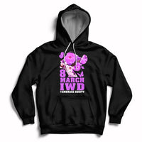 Women's black pullover hoodie with front '8 MARCH IWD' and '#EMBRACE EQUITY' graphic