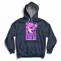 Women's navy pullover hoodie with front '8 MARCH IWD' and '#EMBRACE EQUITY' graphic