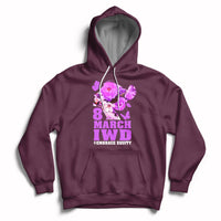 Women's maroon pullover hoodie with front '8 MARCH IWD' and '#EMBRACE EQUITY' graphic