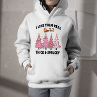 White pullover hoodie with front graphic of pink Christmas trees and text