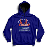 Dark blue hoodie with front graphic text "I FIGHT HUMAN TRAFFICKING" and chain design