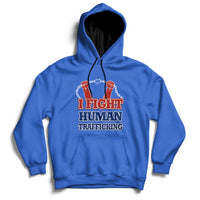 Royal blue hoodie with front graphic text "I FIGHT HUMAN TRAFFICKING" and chain design